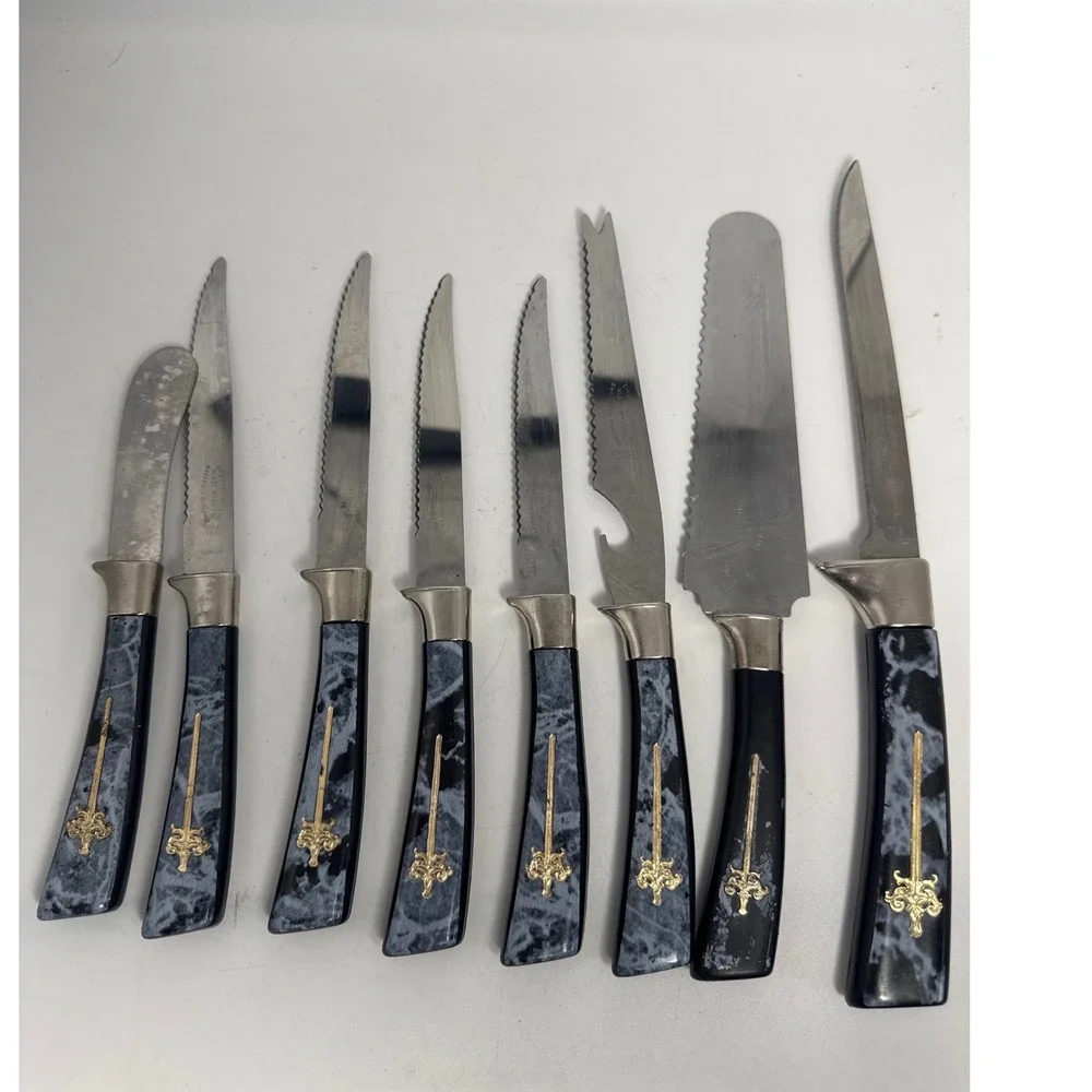 Lifetime Cutlery Knife Set Vintage 8pc Black Marble Gold Fleur De Lis Sheffield